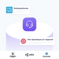 Illustration montrant les avantages de la technologie de synthèse vocale pour le gaming. Une icône centrale de casque audio est entourée de deux avantages : « multiplateforme » et « voix dynamique sur l’appareil ». En bas, trois logos indiquent que la solution est compatible avec Unreal Engine, Unity, et Wwise.